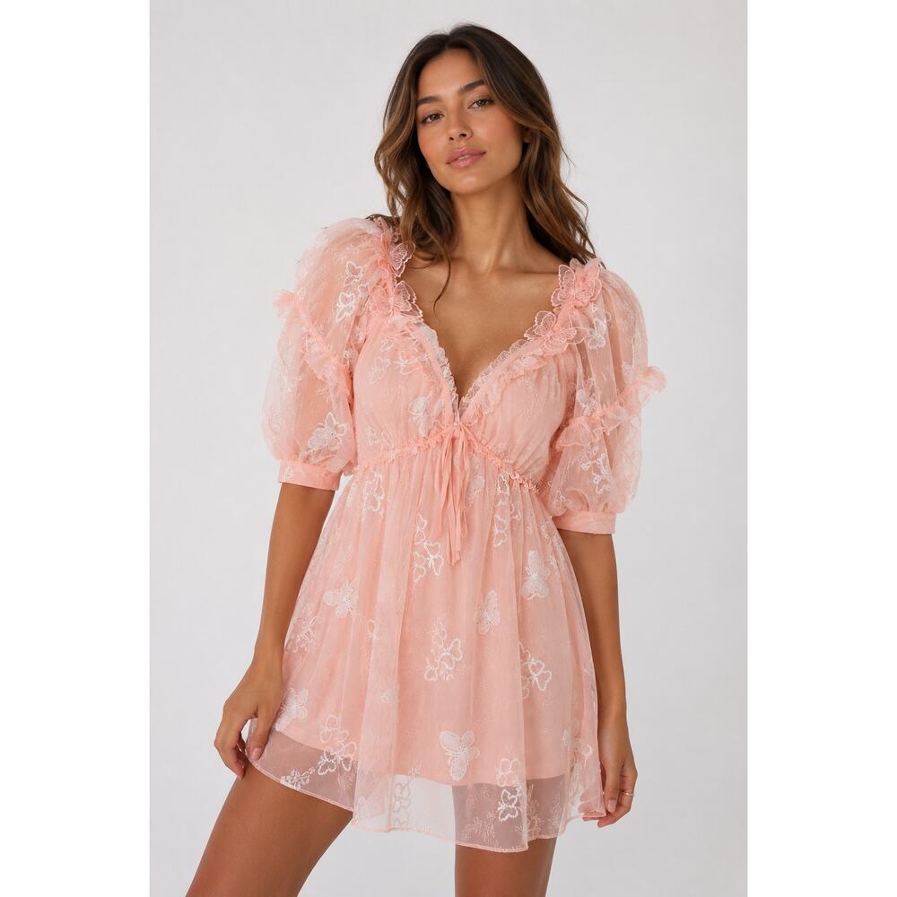 For Love & Lemons Shari Medium Peach Mini Dress Butterfly Sequin Lace NWT - Picture 1 of 16